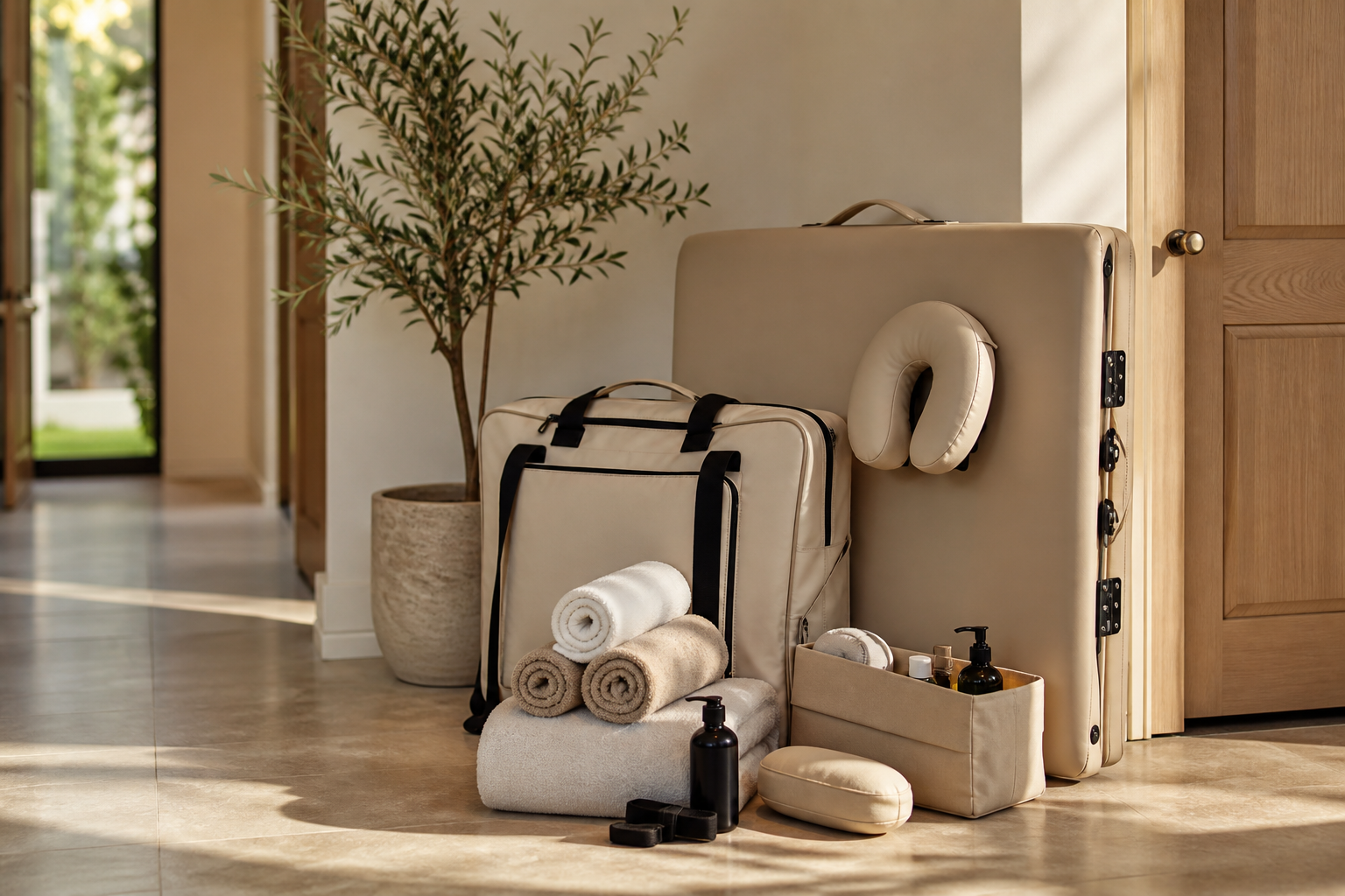 Portable mobile massage equipment ready for a London home visit